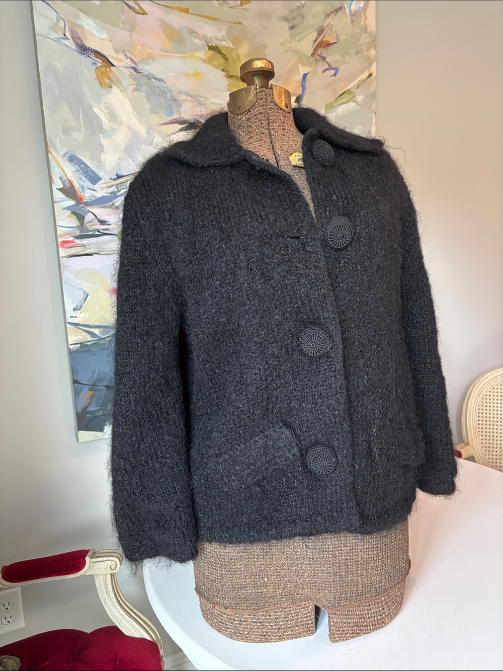 Handmade Classic Black Button-Front Women's Silky Lined Sweater Jacket